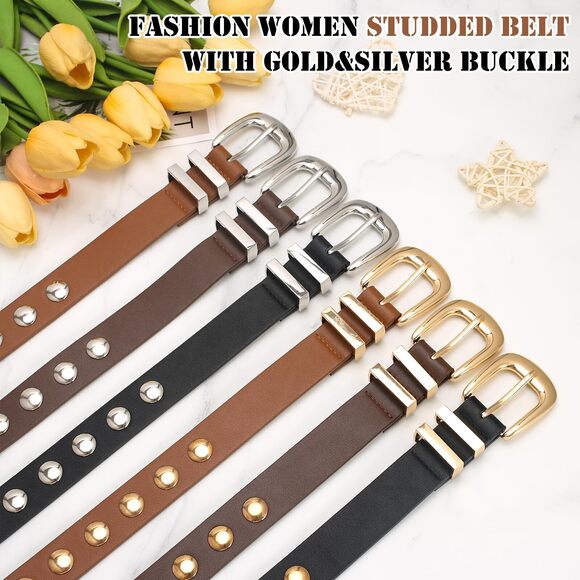 1933 Women Studded Belt For Jeans Dress Fashion Punk Leather Belt Black Belt - Picture 5 of 6